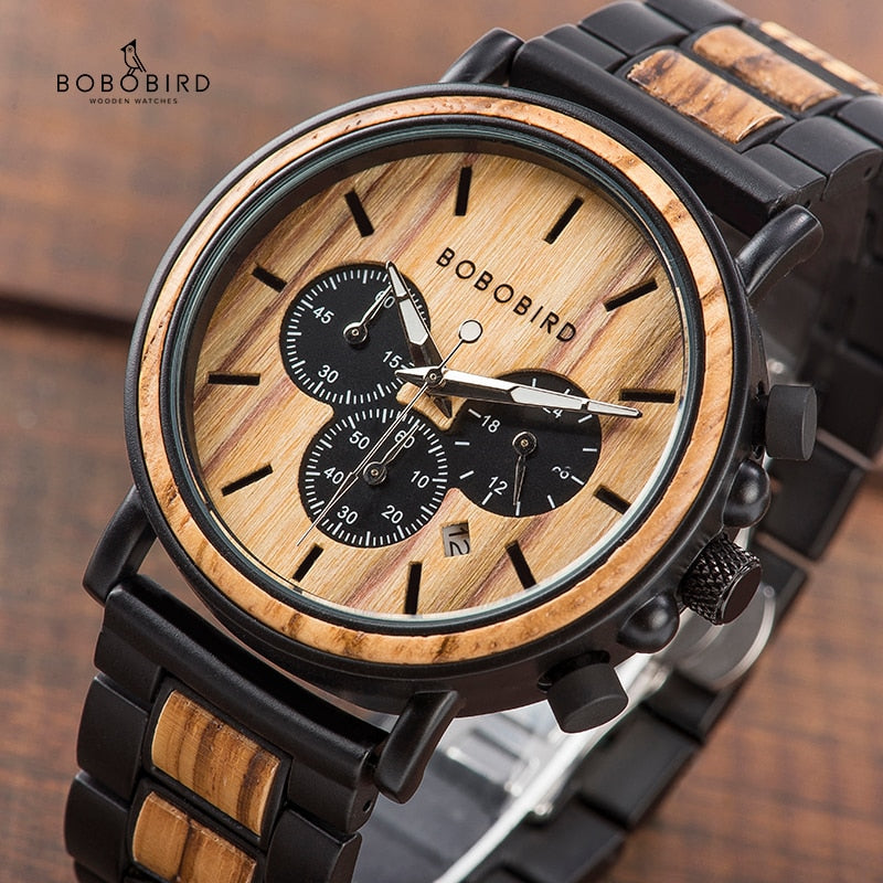 BOBO BIRD P09 Wood and Stainless Steel Watches Mens Chronograph Wristwatches Luminous Hands Stop Watch dropshipping