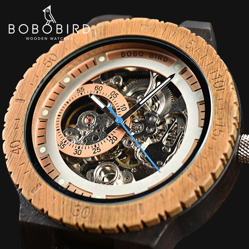 BOBO BIRD Wooden Mechanical Watch Men Luxury Retro Design Case With Gold Label Beside Automatic and Multi-Functional Wristwatch