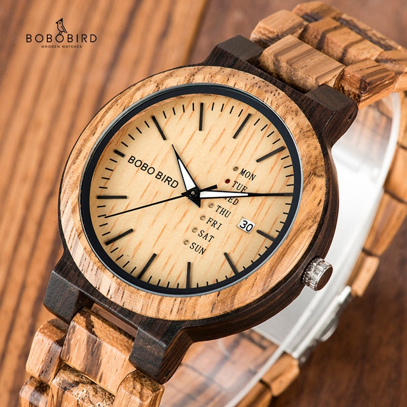BOBO BIRD Wood Watch Men relogio masculino Week and Date Display Timepieces Casual Wooden Clock Boyfriend Best Gift V-O26