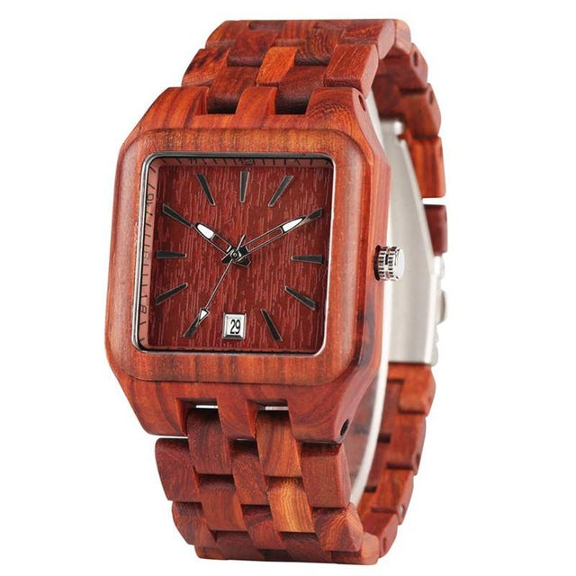 Retro Wood Watches for Men Unique Rectangle Dial Light Clock Man Full Natural Woody Bracelet Calendar Date Quartz Wrist Watches