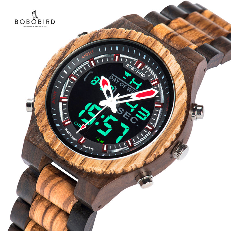 BOBO BIRD Men Watch Relogio Masculino Wood Wristwatch LED Dual Display Auto Date Luminous Hands