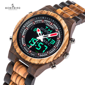 BOBO BIRD Men Watch Relogio Masculino Wood Wristwatch LED Dual Display Auto Date Luminous Hands