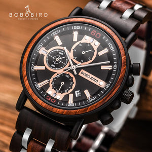 Relogio Masculino BOBO BIRD Wooden Watch Men Top Brand Luxury Stylish Chronograph Military Watches in Wooden Box reloj hombre