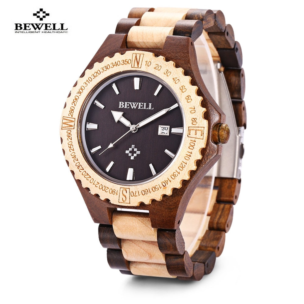 BEWELL Hot Sell Men Wood Watch Waterproof Quartz Watches Wooden Band Calendar Luxury Male Dress Watch relogio masculino