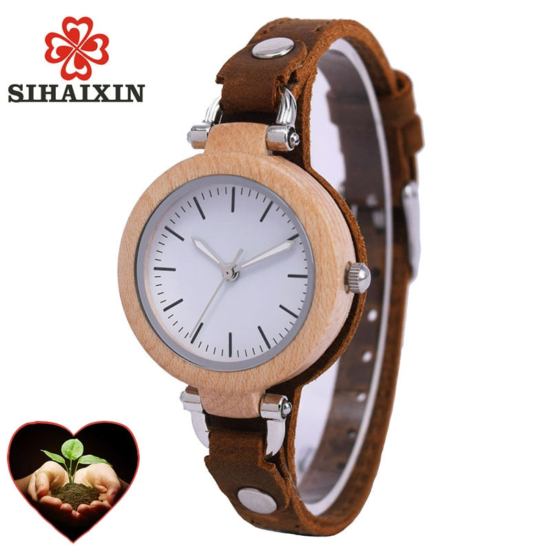 Luxury Unique Bamboo Wooden Women White Watch Bracelets Soft Leather Quartz Wrist Watches Ladies Clock With Gift Box Drop Shippi