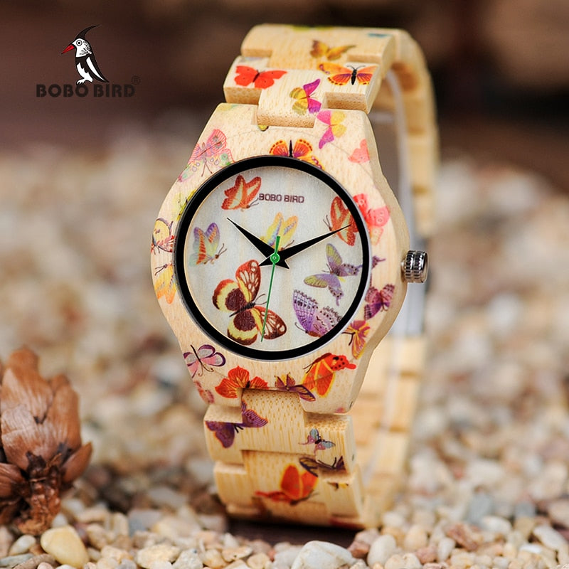 BOBO BIRD Ladies Wood Watch Women montre femme Bamboo Band Painting Butterfly Quartz Watches in Wooden Gift Box OEM W-O20