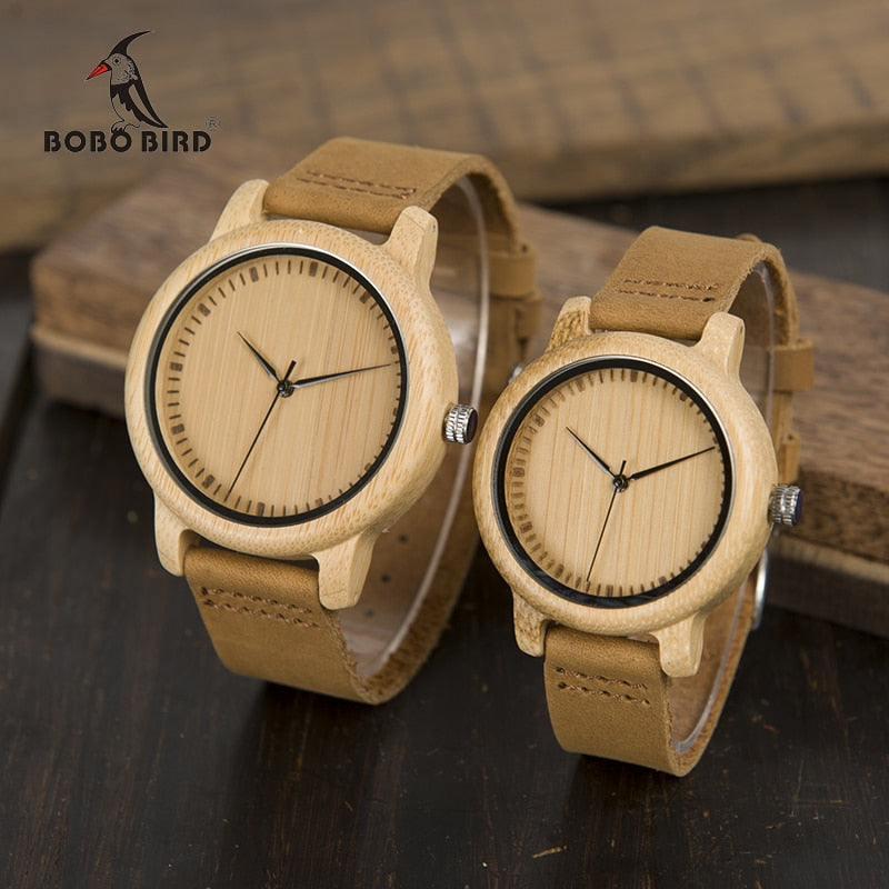 BOBO BIRD Lovers' Watches Women Relogio Feminino Bamboo Wood Men Watch Leather Band Handmade Quartz Wristwatch erkek kol saati