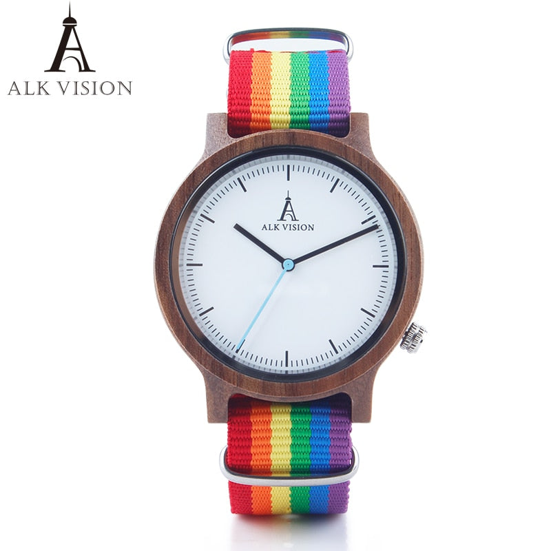 ALK Vision Pride Rainbow Top Wood Watches Luxury Brand Women Mens Wooden Watch with Canvas LGBT Strap Fashion Casual Wristwatch