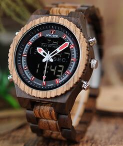 BOBO BIRD Men Watch Relogio Masculino Wood Wristwatch LED Dual Display Auto Date Luminous Hands