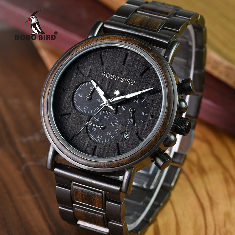BOBO BIRD Luxury Wood Stainless Steel Men Watch Stylish Wooden Timepieces Chronograph Quartz Watches relogio masculino W-Q26