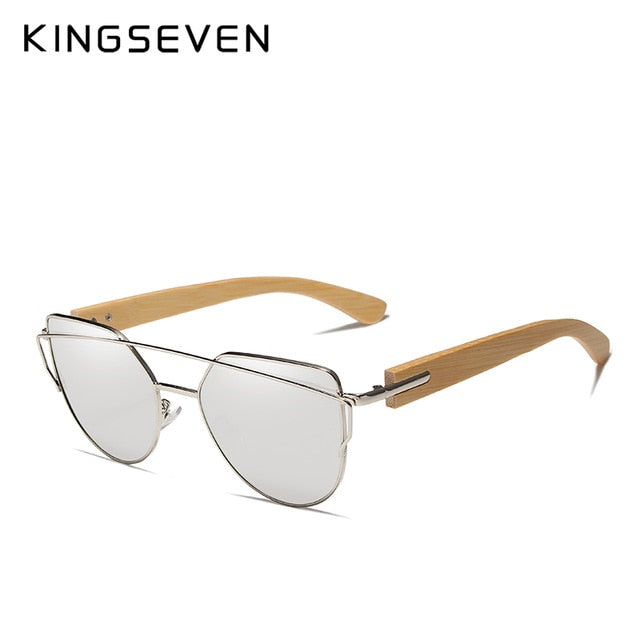 Original KINGSEVEN Brand Bamboo Cat Eye Sunglasses Polarized Metal Frame Wood Glasses Women Luxury Sun Glasses With Wood Case