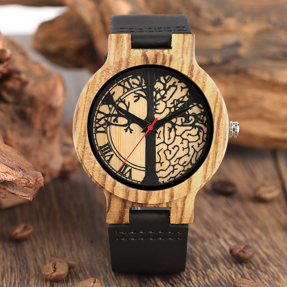 Wooden Watches Soft Leather Strap Life Tree Dial Timepieces  Natural Quartz Wood Watch Clock Gifts for Men Women
