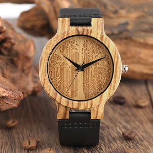 Wooden Watches Soft Leather Strap Life Tree Dial Timepieces  Natural Quartz Wood Watch Clock Gifts for Men Women