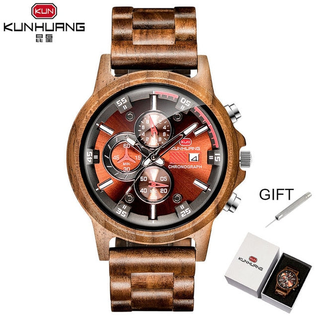 Wooden Watch Date Display Casual Men Luxury Wood Chronograph Sport Outdoor Military Quartz Watches in Wood relogio masculino