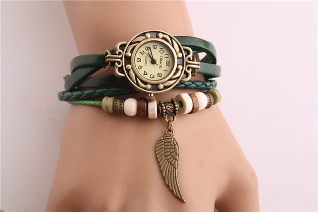 Vintage Women Watches Imitation Leather Wooden Beads Wing Sculpture Watch Casual Wrist Watch relogio feminino Watch Women